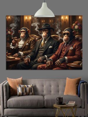 Üçlü Gangster Maymun Dekoratif Kanvas - Mdf Ahşap Tablo
