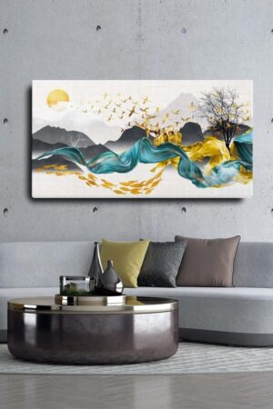 HOMEARTHS Dekoratif Soyut Altın Geyik Balık Ve Kuşlar Sürreal Kanvas Duvar Tablosu 60 x 120 cm