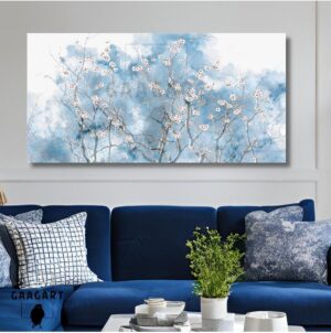 Gaagart Panoramik Kanvas Duvar Tablosu Mavi Soyut Şekiller Ve Çiçekler, 120 X 60