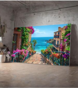 Ar Ajans Kanvas Tablo Denize Huzura Açılan Pembe Çiçekli Merdivenler Dekoratif Kanvas Tablo 80 X 120