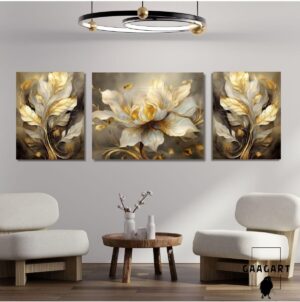 Gaagart 3Lü Kanvas Şık Salon Duvar Tablosu Gold Sarı Beyaz Çiçek Dizayn, 50 X 70