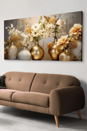Ar Ajans Kanvas Tablo Gold Vazoda Çiçekler Tek Parça Kanvas Tablo 60 X 120