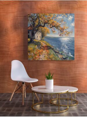 Ar Ajans Kanvas Tablo Köy Evi Göl Kenarında Yağlı Boya Görünümlü Kanvas Tablo 80 X 80